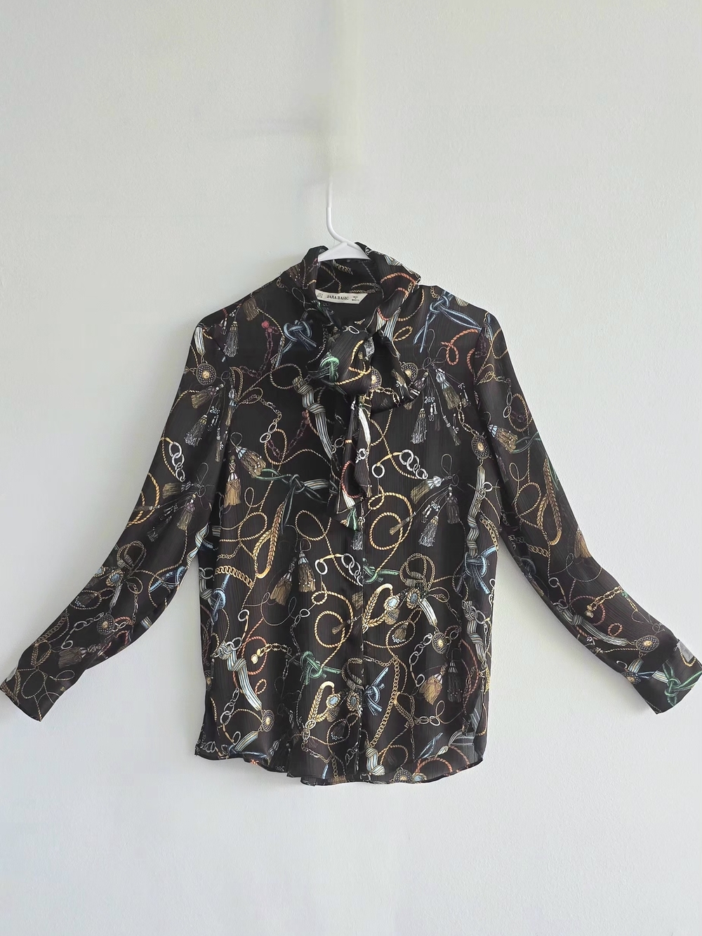 Zarw Dark Brown  Print Bow Blouse Size S